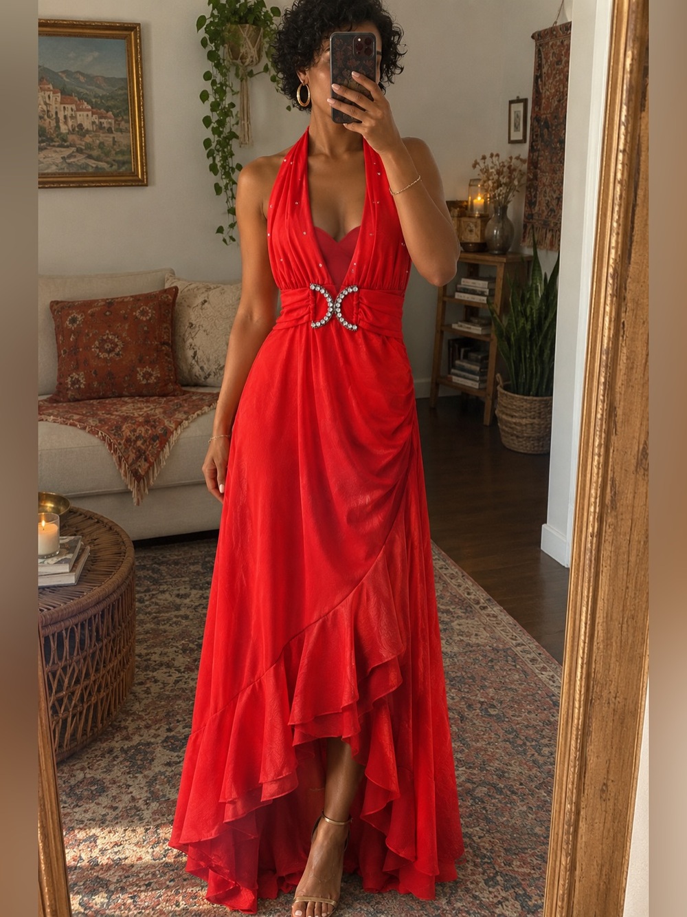 Vintage Taboo Y2K Red Orange Asymmetrical Ruffle Rhinestone Gown Small